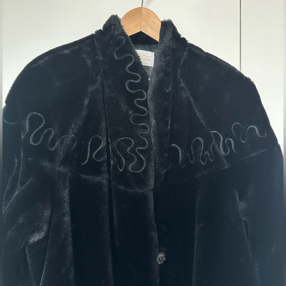 Vintage Création Yves Venet Faux Fur Coat w/ Embroidered Trim